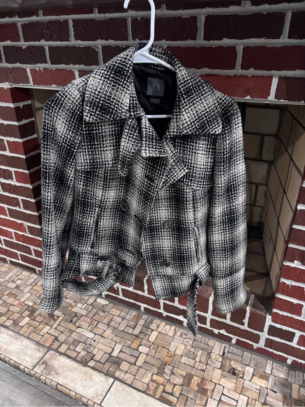 A/X Armani Exchange Black and White Plaid Pea Coat